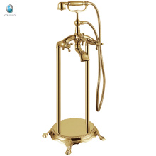 KFT-02J Golden Finish Clawfoot Bodenmontage freistehende Badewanne Wasserhahn, Luxus freistehende Messing Telefon Dusche tippen